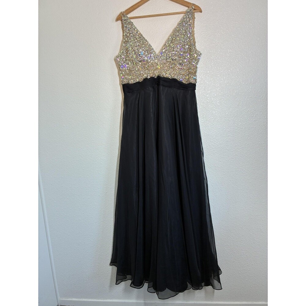Y2K Babydoll Aspeed Dress XL Black Rhinestone V Neck Chiffon Ball Gown